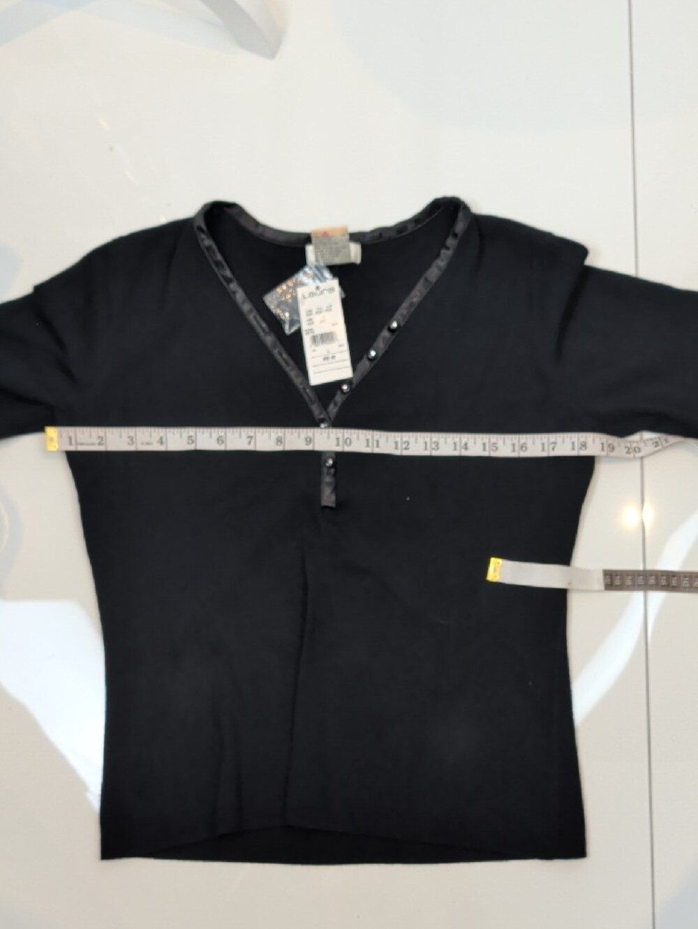 Laura Black Satin Trim Rhinestone Button Knit Sweater Large NWT - Picture 13 of 15
